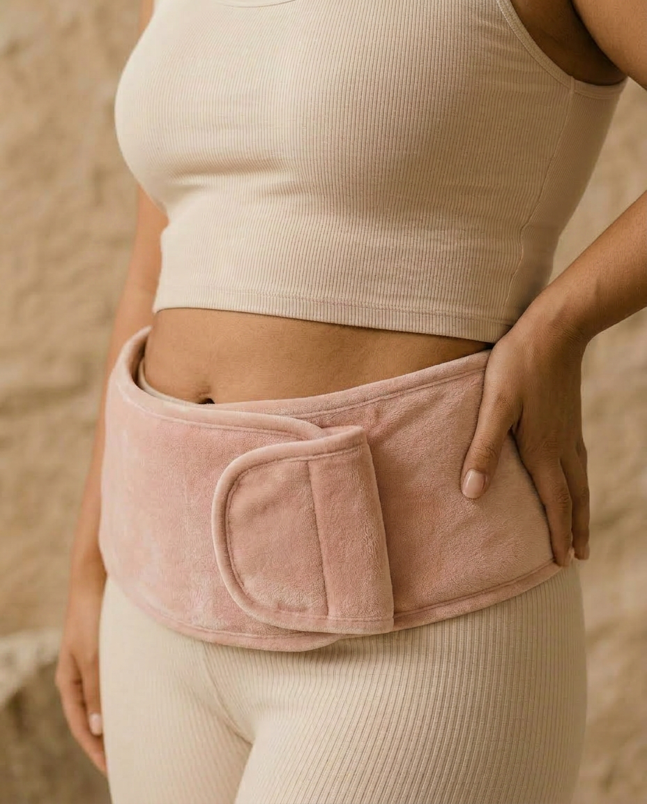 Model wearing the Lune heat wrap in Bloom