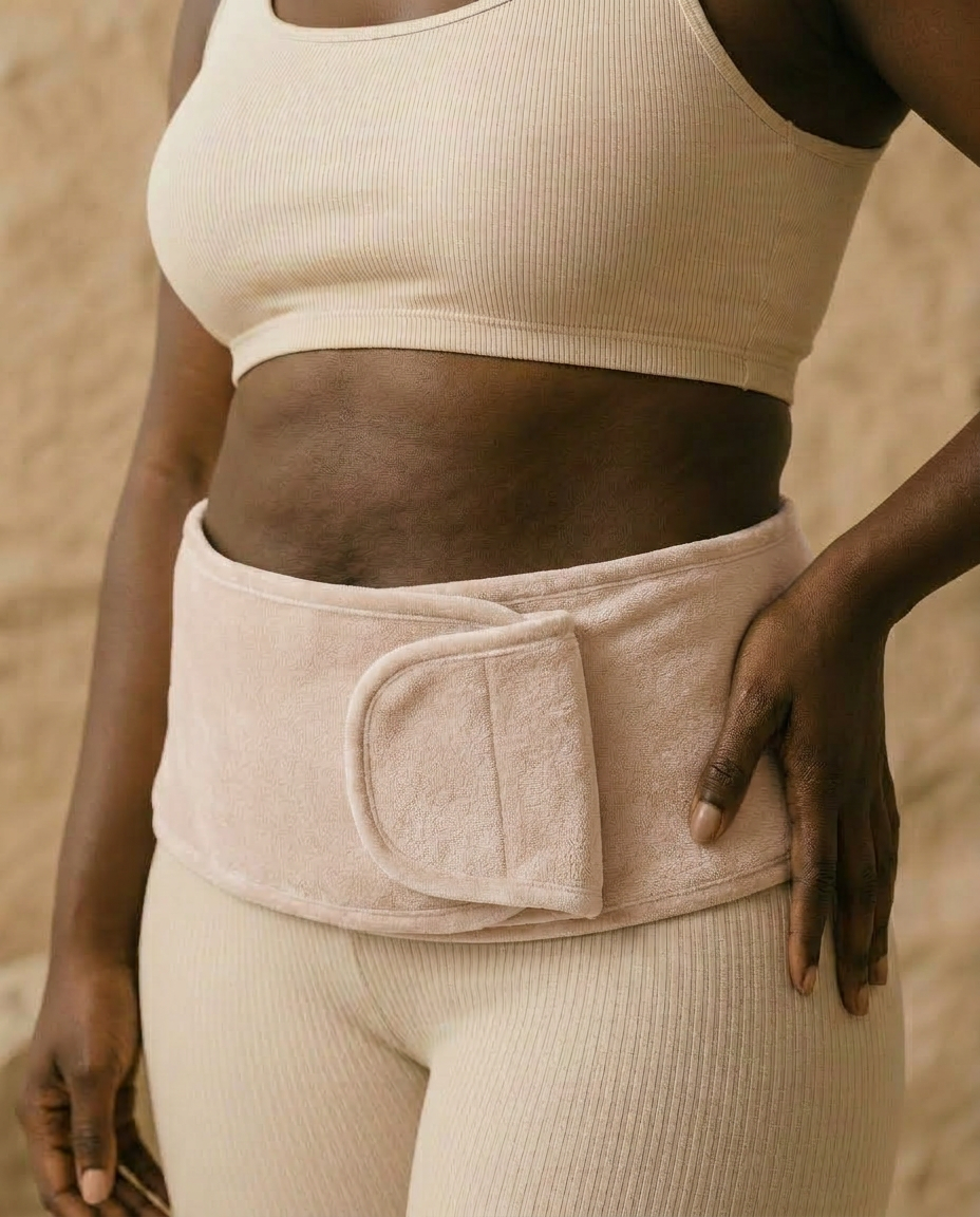 Model wearing the Lune heat wrap in Dune