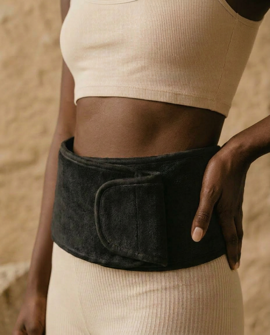 Model wearing the Lune heat wrap in Eclipse