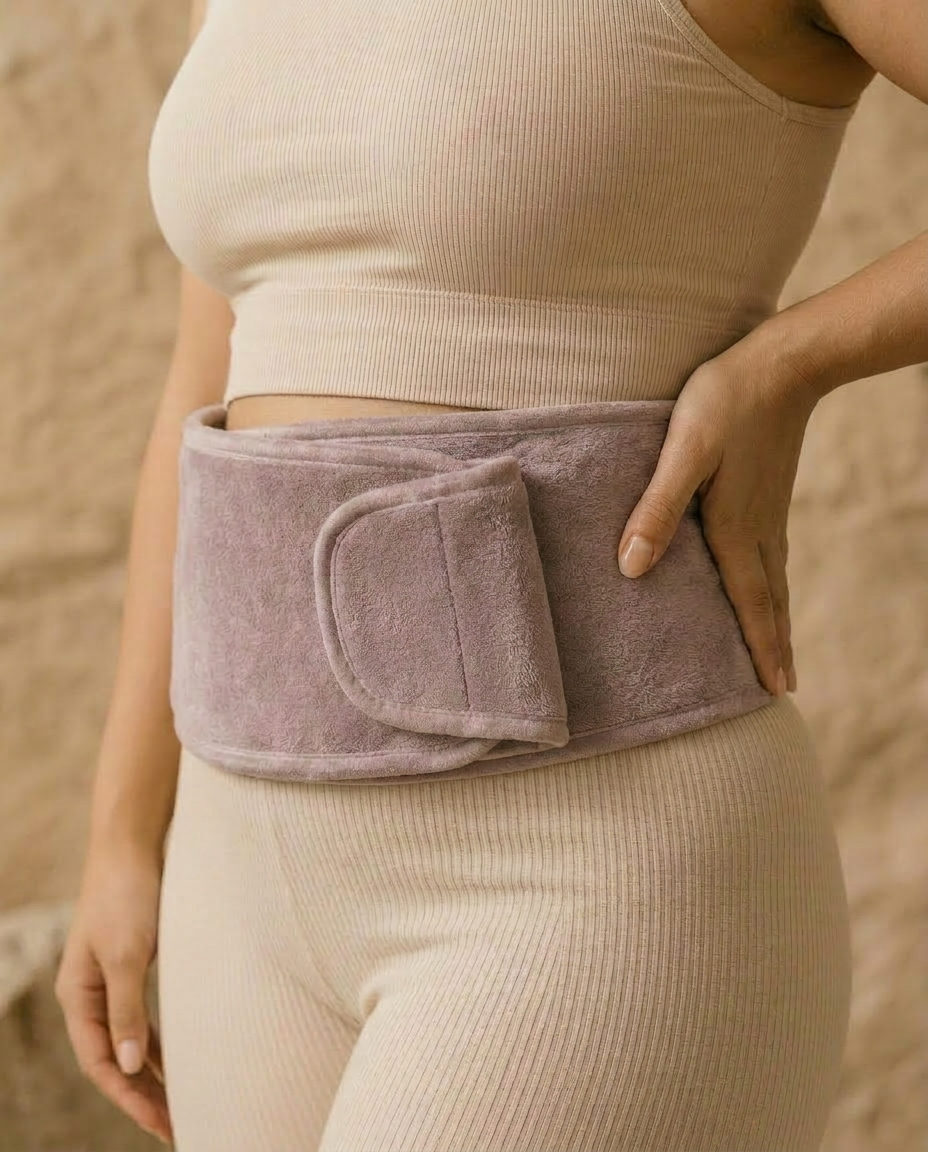 Model wearing the Lune heat wrap in Moonstone