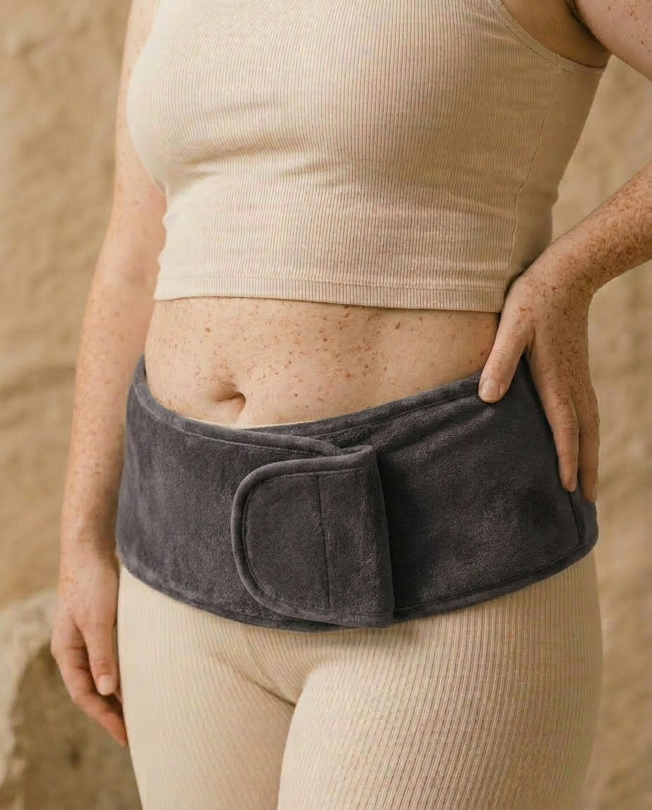 Model wearing the Lune heat wrap in Shadow