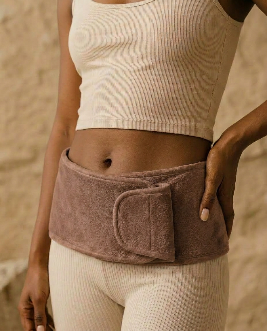 Model wearing the Lune heat wrap in Vesper